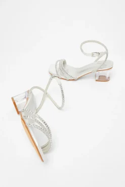 Quiz Wide Fit Silver Diamante Low Heeled Sandal Clearance