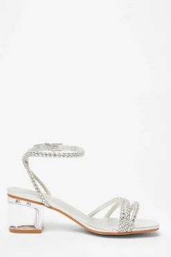 Quiz Wide Fit Silver Diamante Low Heeled Sandal Clearance