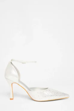 Quiz Wide Fit Diamante Court Heels Silver Clearance