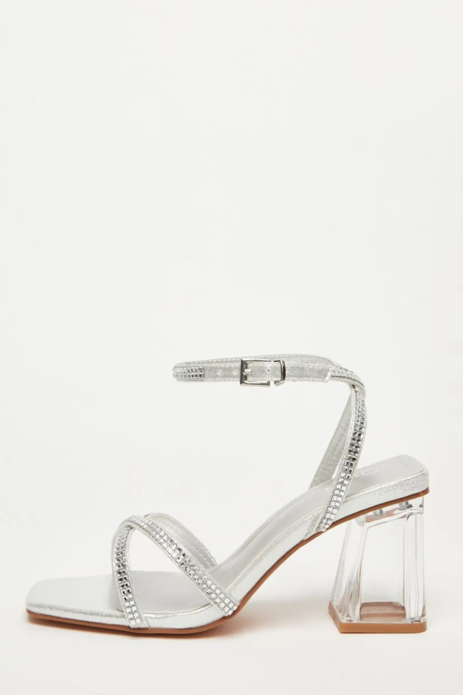 Quiz Wide Fit Diamante Heels Silver