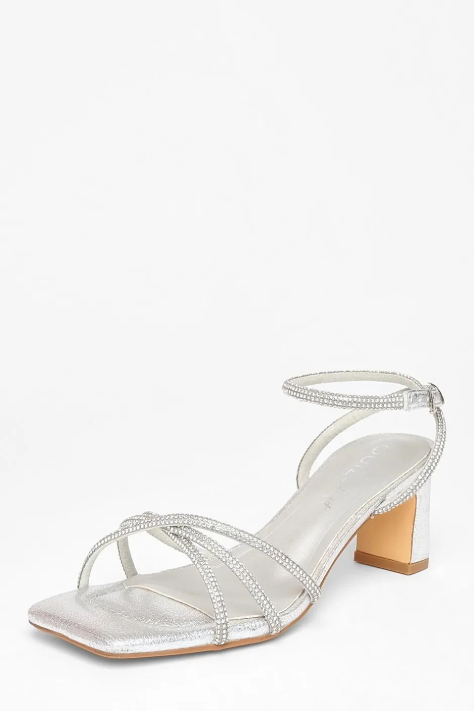 Quiz Wide Fit Diamante Strap Block Heels Silver Clearance