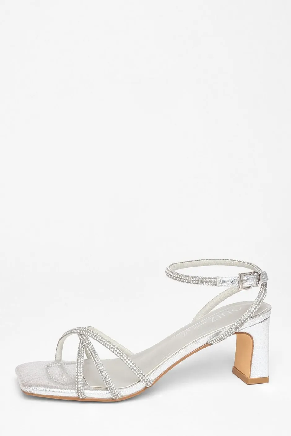 Quiz Wide Fit Diamante Strap Block Heels Silver Clearance