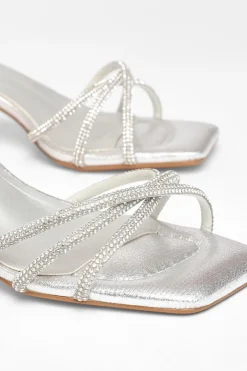 Quiz Wide Fit Diamante Strap Block Heels Silver Clearance