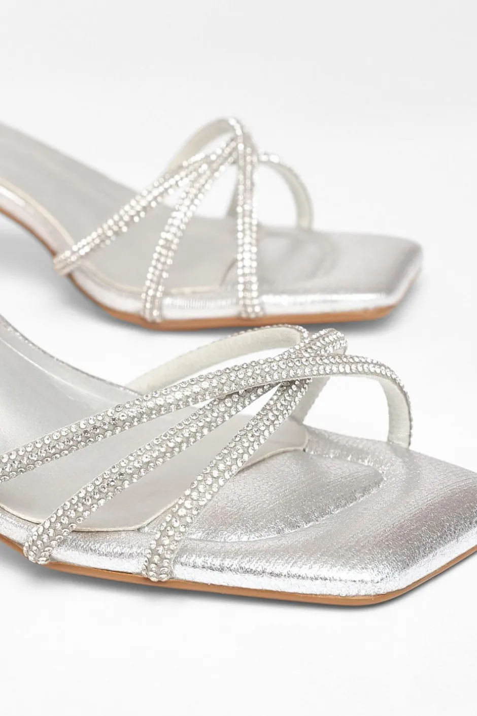 Quiz Wide Fit Diamante Strap Block Heels Silver Clearance