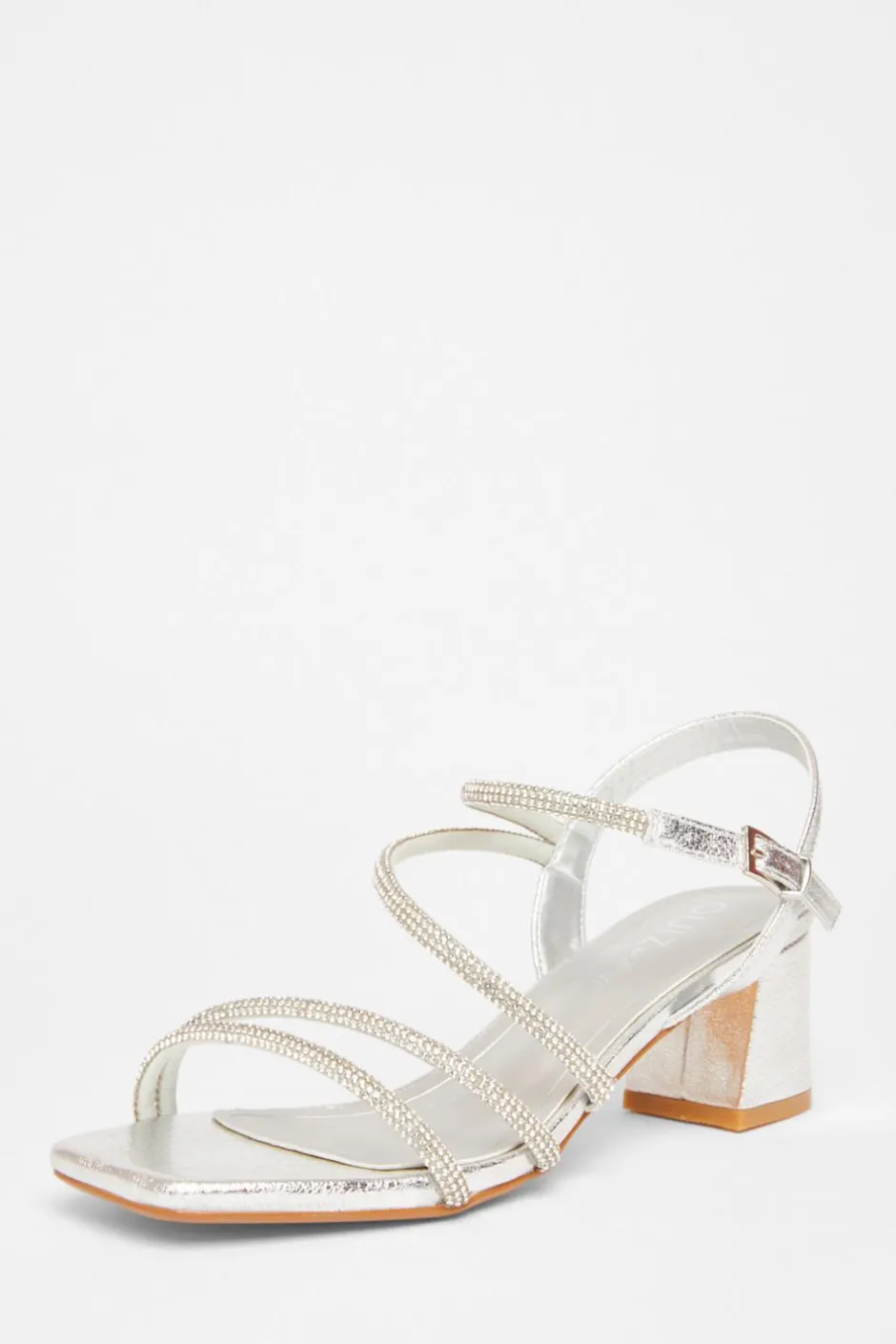 Quiz Wide Fit Diamante Block Heels Silver Discount