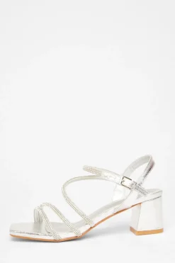 Quiz Wide Fit Diamante Block Heels Silver Discount