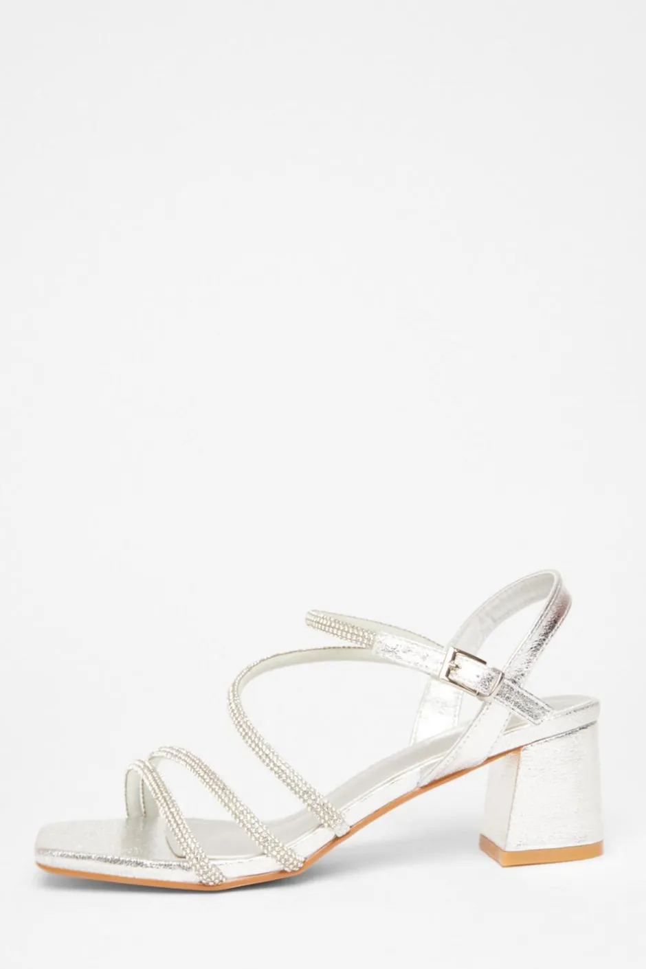 Quiz Wide Fit Diamante Block Heels Silver Discount