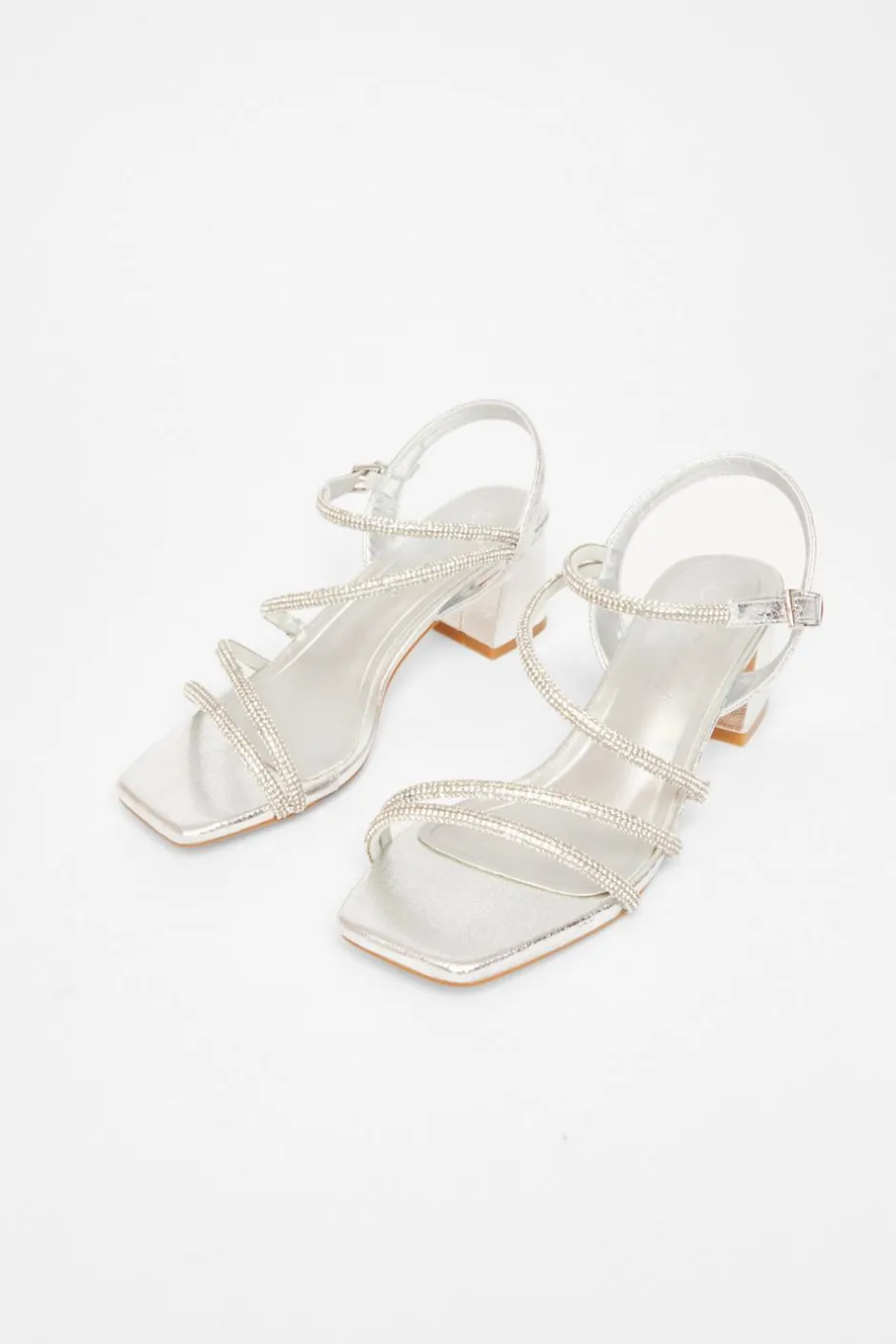 Quiz Wide Fit Diamante Block Heels Silver Discount