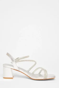 Quiz Wide Fit Diamante Block Heels Silver Discount