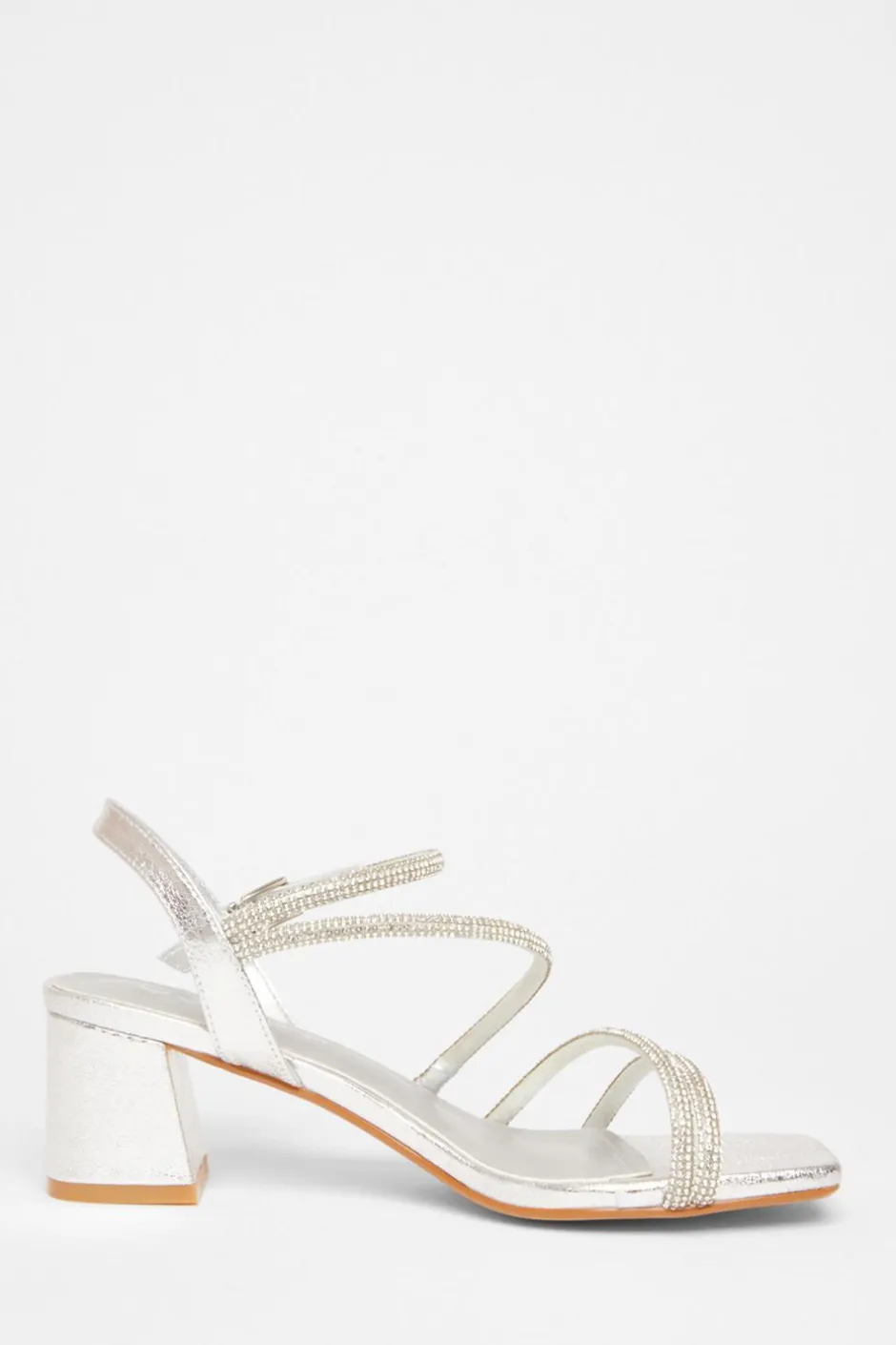 Quiz Wide Fit Diamante Block Heels Silver Discount