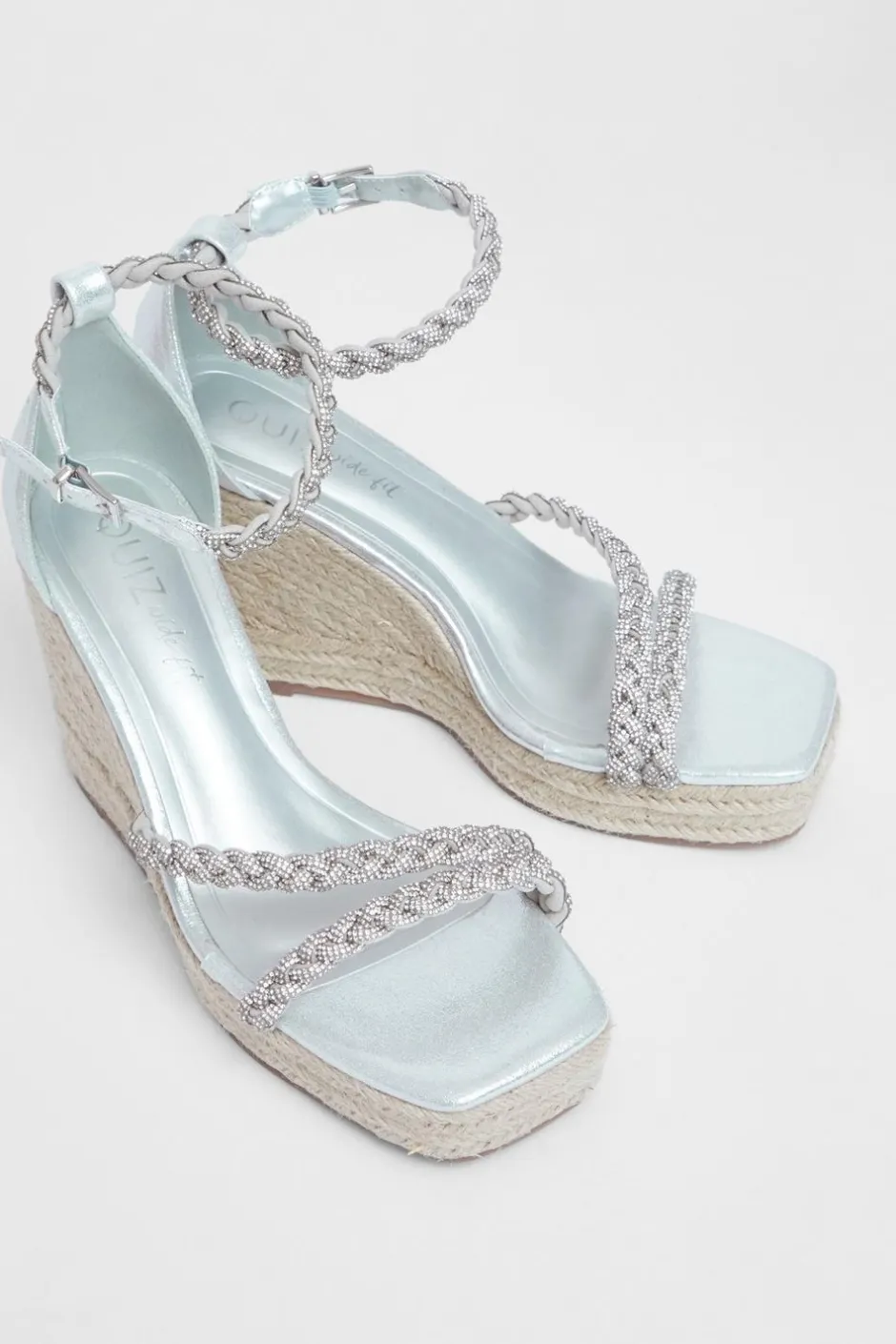 Quiz Wide Fit Diamante Platform Wedges Silver Clearance