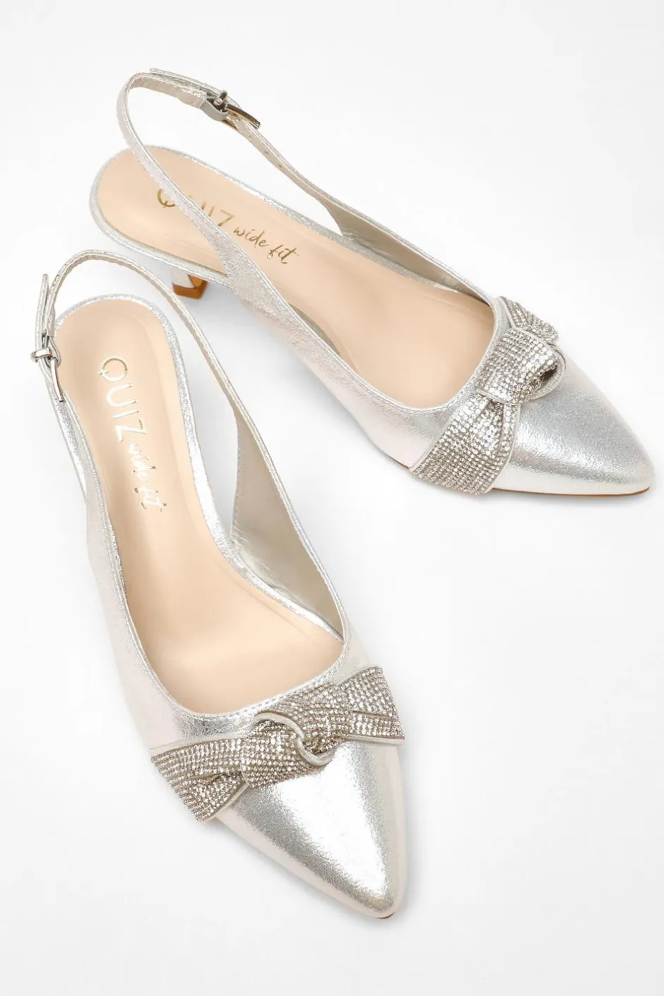 Quiz Wide Fit Silver Diamante Knot Sling Back Low Heels Online