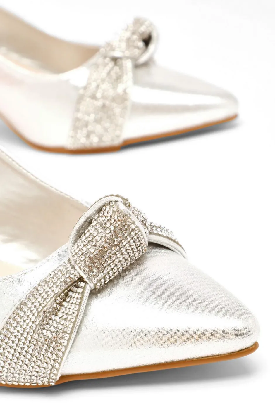 Quiz Wide Fit Silver Diamante Knot Sling Back Low Heels Online