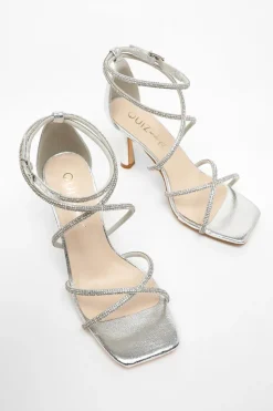 Quiz Wide Fit Silver Diamante Cross Strap Heeled Sandals Best