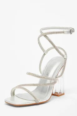 Quiz Wide Fit Silver Diamante Heeled Sandals