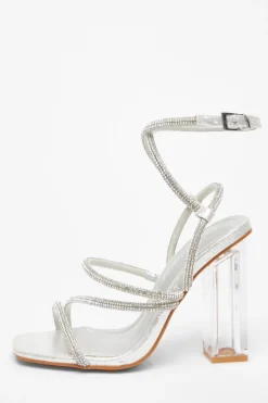 Quiz Wide Fit Silver Diamante Heeled Sandals