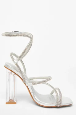 Quiz Wide Fit Silver Diamante Heeled Sandals