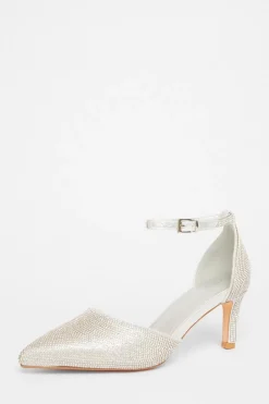 Quiz Wide Fit Diamante Court Heels Silver New