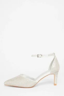 Quiz Wide Fit Diamante Court Heels Silver New