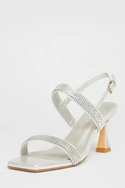 Quiz Wide Fit Diamante Strappy Heels Silver Outlet