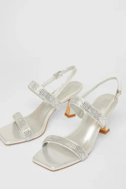 Quiz Wide Fit Diamante Strappy Heels Silver Outlet
