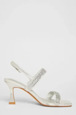 Quiz Wide Fit Diamante Strappy Heels Silver Outlet