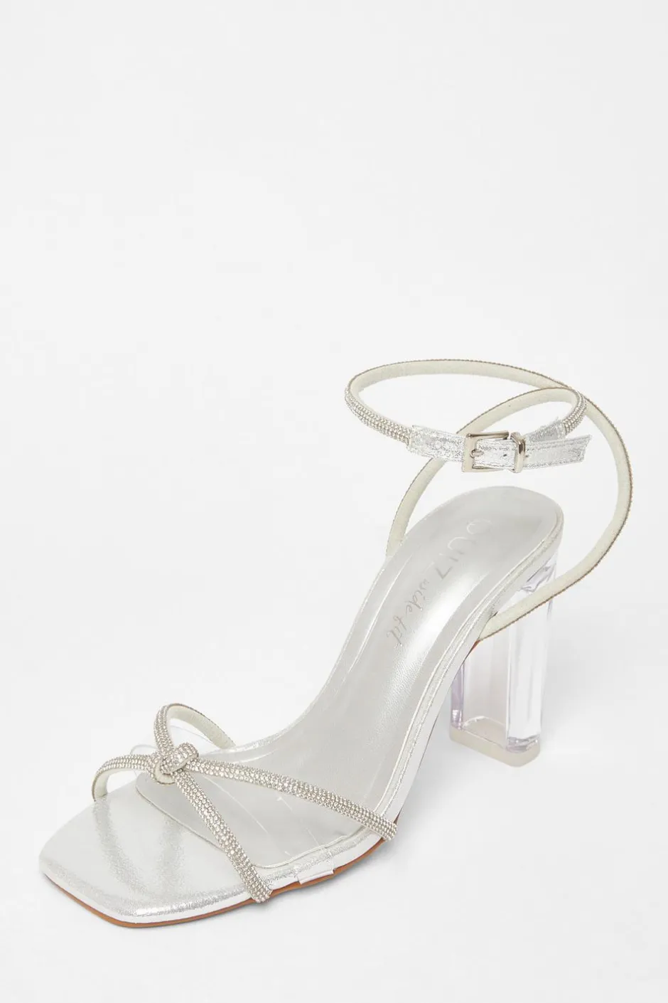Quiz Wide Fit Diamante Clear Block Heels Silver Sale