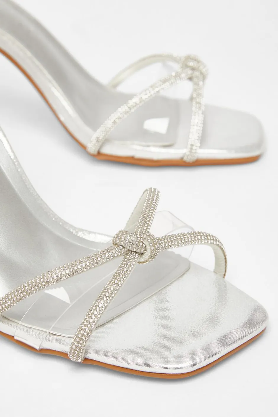 Quiz Wide Fit Diamante Clear Block Heels Silver Sale