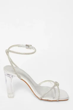 Quiz Wide Fit Diamante Clear Block Heels Silver Sale