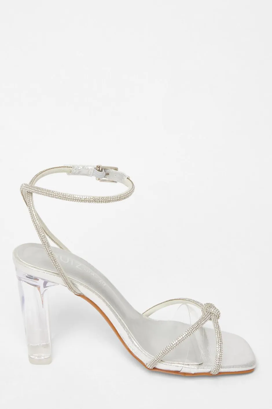 Quiz Wide Fit Diamante Clear Block Heels Silver Sale
