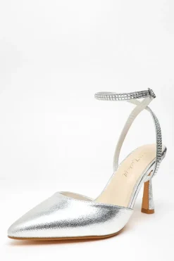 Quiz Wide Fit Foil Court Heels Silver