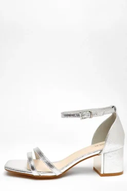 Quiz Wide Fit Silver Foil Strappy Low Block Heeled Sandals Online