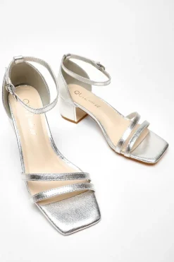 Quiz Wide Fit Silver Foil Strappy Low Block Heeled Sandals Online