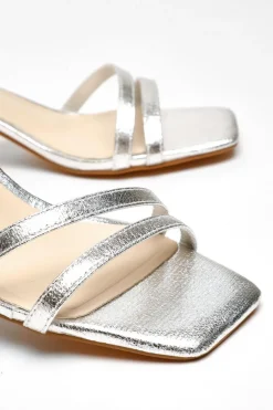 Quiz Wide Fit Silver Foil Strappy Low Block Heeled Sandals Online