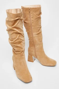 Quiz Wide Fit Knee High Faux Suede Block Heel Boots Taupe