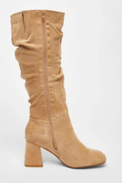 Quiz Wide Fit Knee High Faux Suede Block Heel Boots Taupe