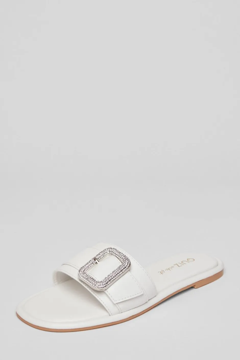 Quiz Wide Fit Diamante Buckle Sandals White New