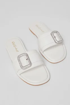 Quiz Wide Fit Diamante Buckle Sandals White New