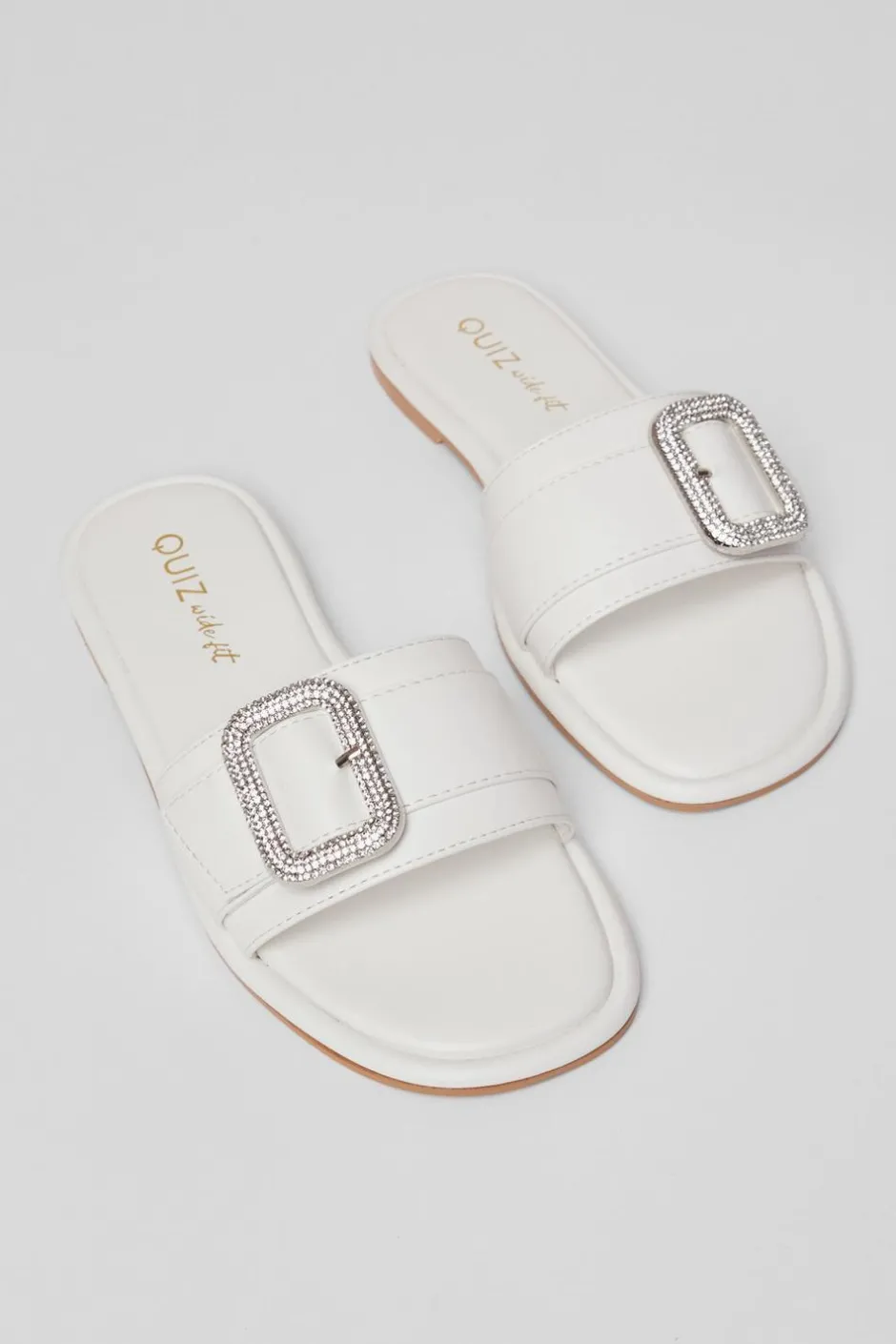 Quiz Wide Fit Diamante Buckle Sandals White New