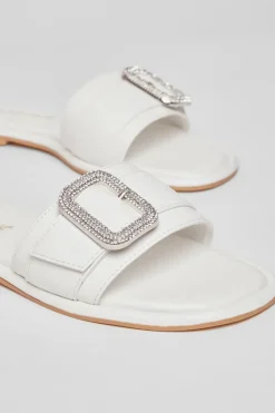 Quiz Wide Fit Diamante Buckle Sandals White New