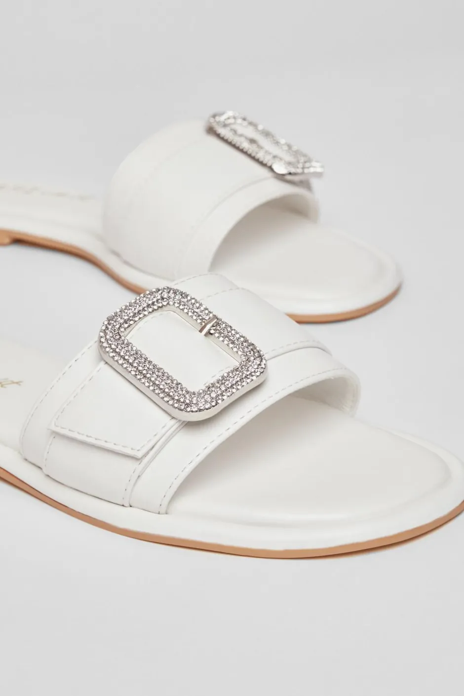 Quiz Wide Fit Diamante Buckle Sandals White New