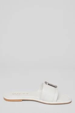 Quiz Wide Fit Diamante Buckle Sandals White New