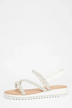 Quiz Wide Fit Diamante Flat Sandals White Clearance