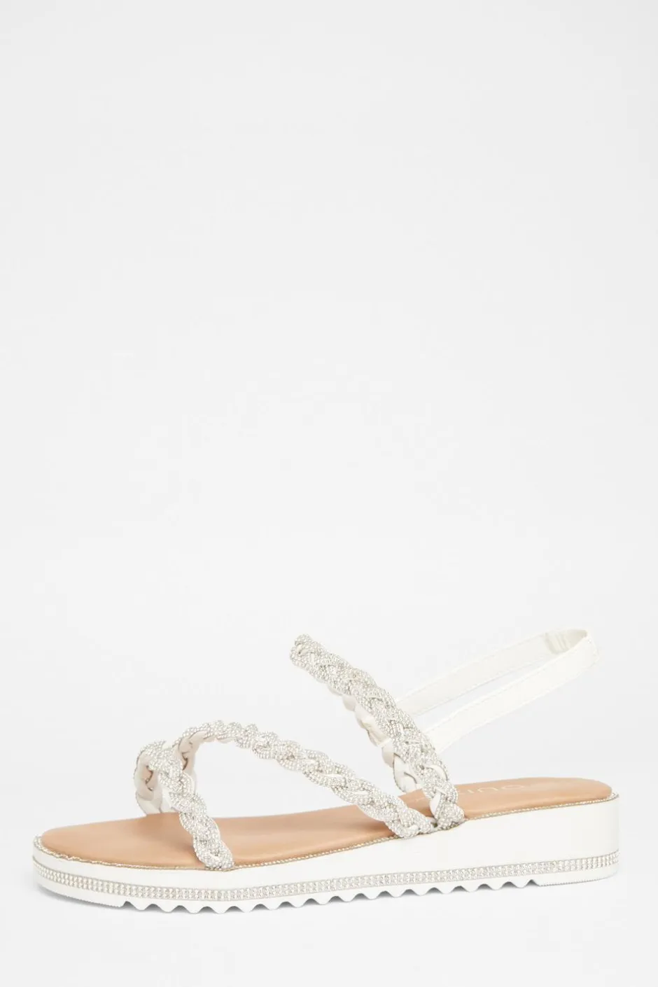 Quiz Wide Fit Diamante Flat Sandals White Clearance