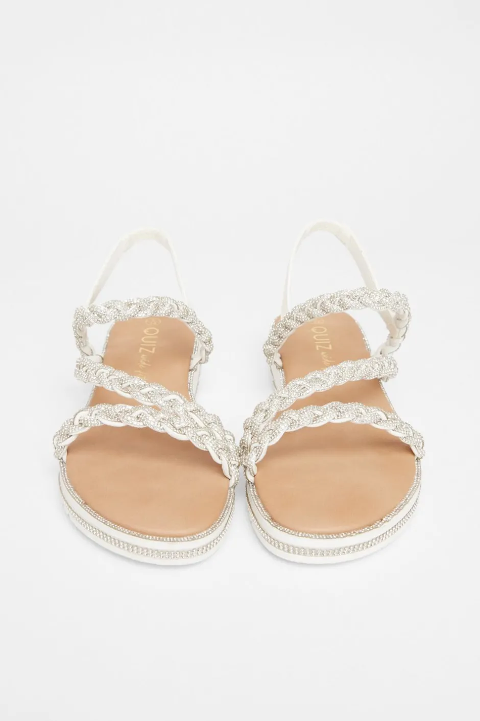 Quiz Wide Fit Diamante Flat Sandals White Clearance