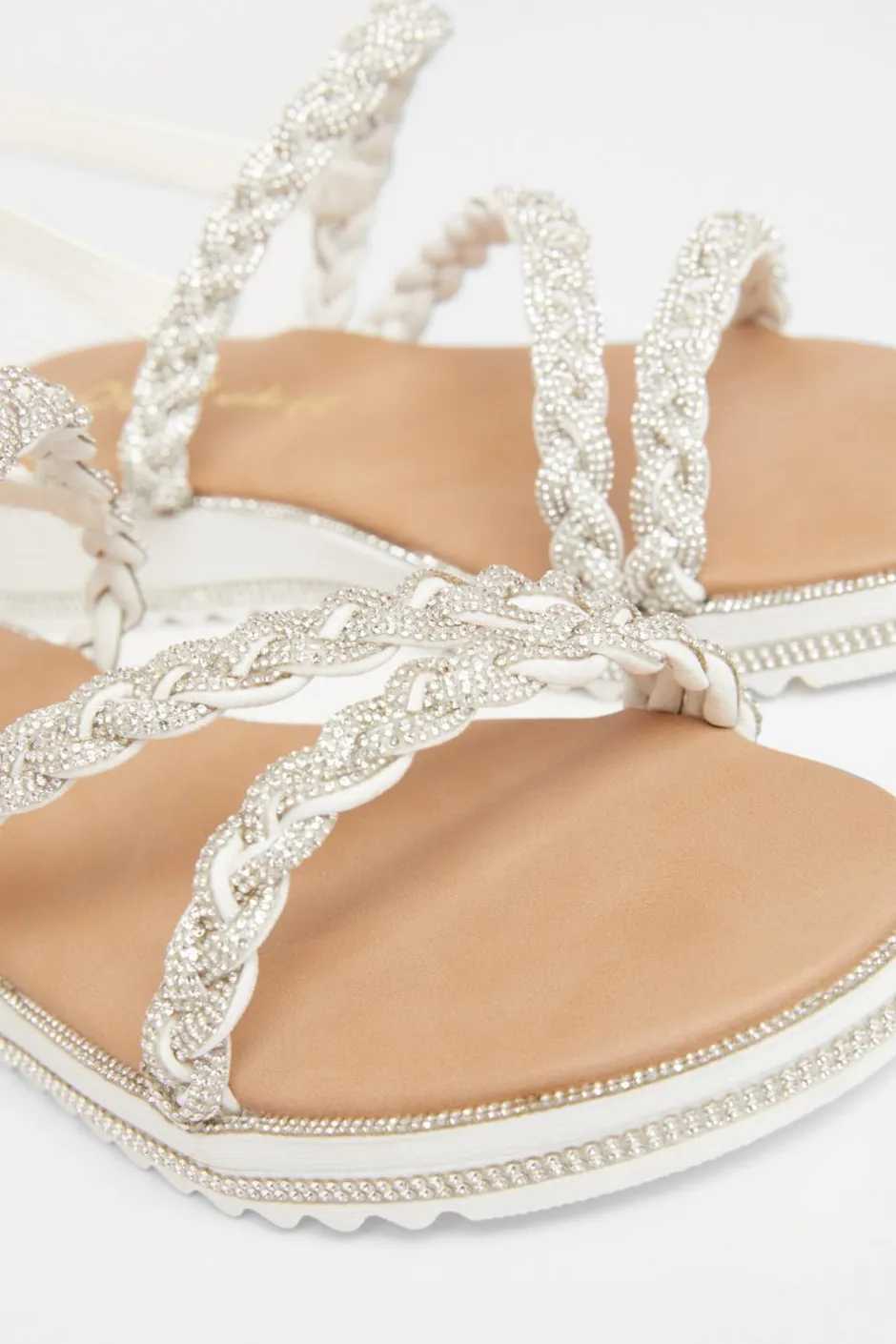 Quiz Wide Fit Diamante Flat Sandals White Clearance