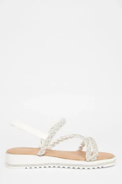 Quiz Wide Fit Diamante Flat Sandals White Clearance
