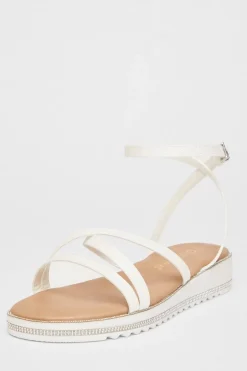 Quiz Wide Fit White Glitter Flat Sandals New