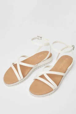Quiz Wide Fit White Glitter Flat Sandals New