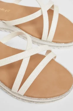 Quiz Wide Fit White Glitter Flat Sandals New